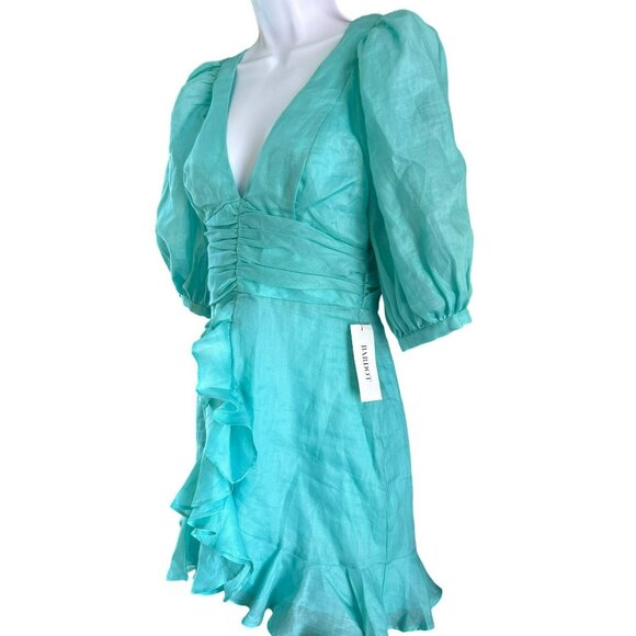 Bardot Women's Aura Aqua Puff Sleeve Mini Dress Ruffle Hem V-Neck NWT Size 4 - Picture 2 of 6